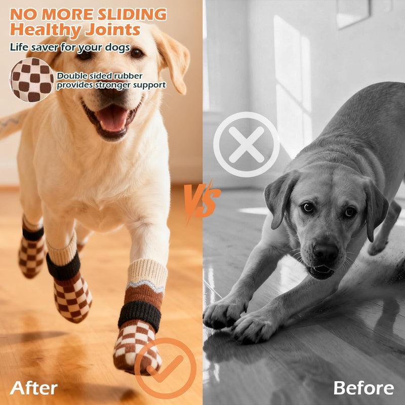 EXPAWLORER Dog Socks to Prevent Licking Paws with Grippers for Hardwood Floors Anti Slip, Reflective Dog Cold Winter Shoes Booties Boots & Paw Protectors with for Small Medium Large Senior Dogs L Brown