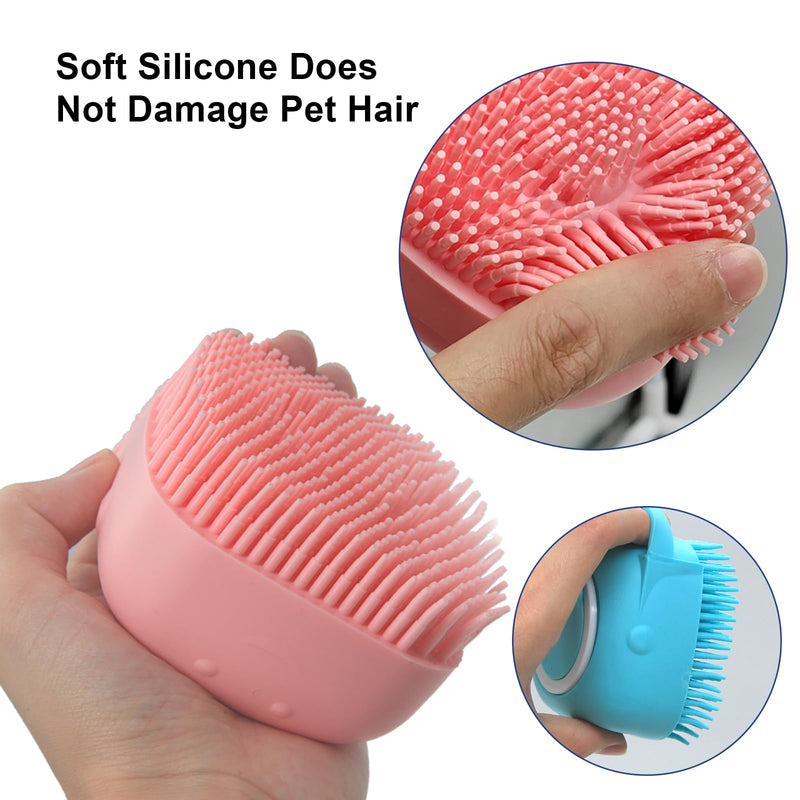 Pet Bath Brush Scrubber, Soft Silicone Shampoo Dispenser with Shower Grooming & Adjustable Ring Handle for Short/Long Haired Dogs and Cats, Pink+Blue 1PCS - PawsPlanet Australia