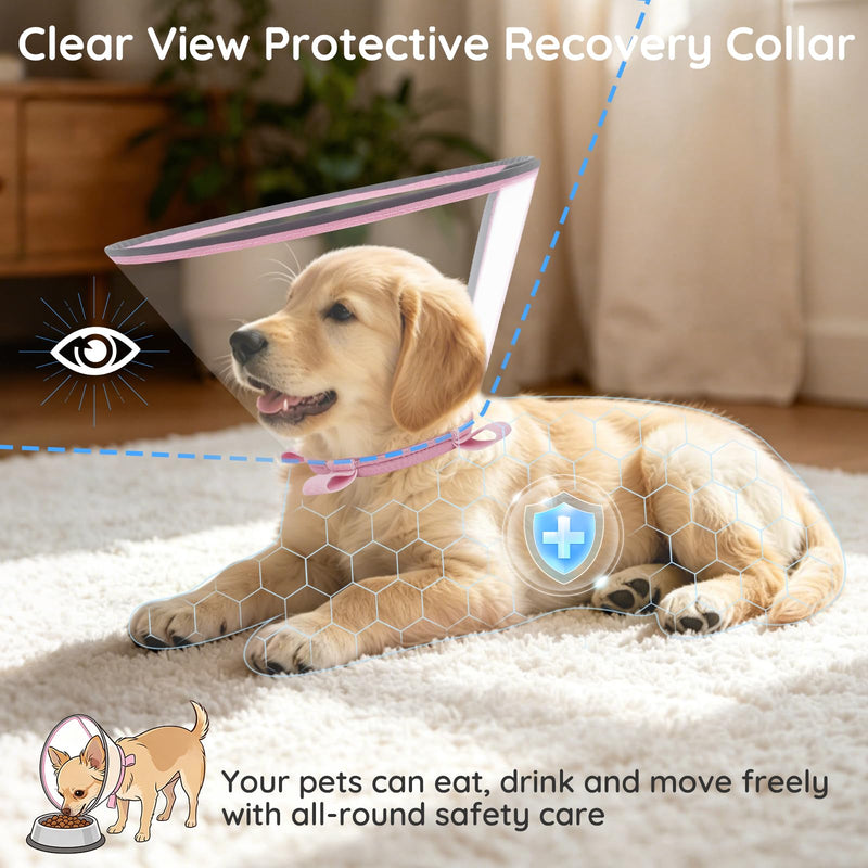Clear Dog Cone for Small Dogs After Surgery, Adjustable E-Collar to Stop Licking with Padded Neck for Shih Tzu, Yorkie, Soft Recovery Collar with Reflective Trim for Night Visibility, Pink XS XS (9"-10.25")