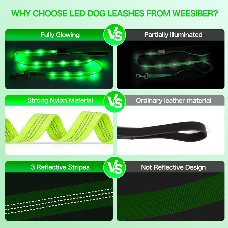 Weesiber Glowing Light Up LED Dog Leash - 4ft USB Rechargeable Flashing Nylon Leash for Small Medium Large Dogs, 3 Flash Modes (Green) Green