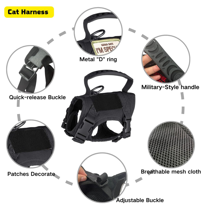 Tactical Cat Harness and Leash Set Soft Mesh Adjustable Large Cat Vest with Rubber Handle Easy to Control for Large Cat Small Dog Outdoor Walking Black