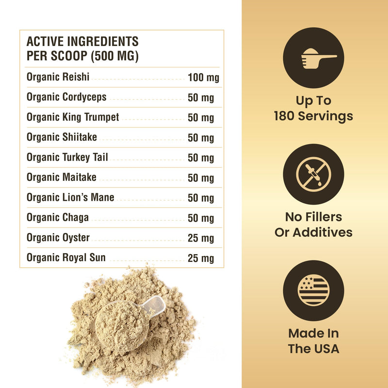 Mushroom Powder for Dogs & Cats - Organic Mushroom Complex for Immune Support, Cognition, Vitality - Ten Mushroom Supplement with Turkey Tail, Lion's Mane, Reishi - 180 Scoops 3.17oz