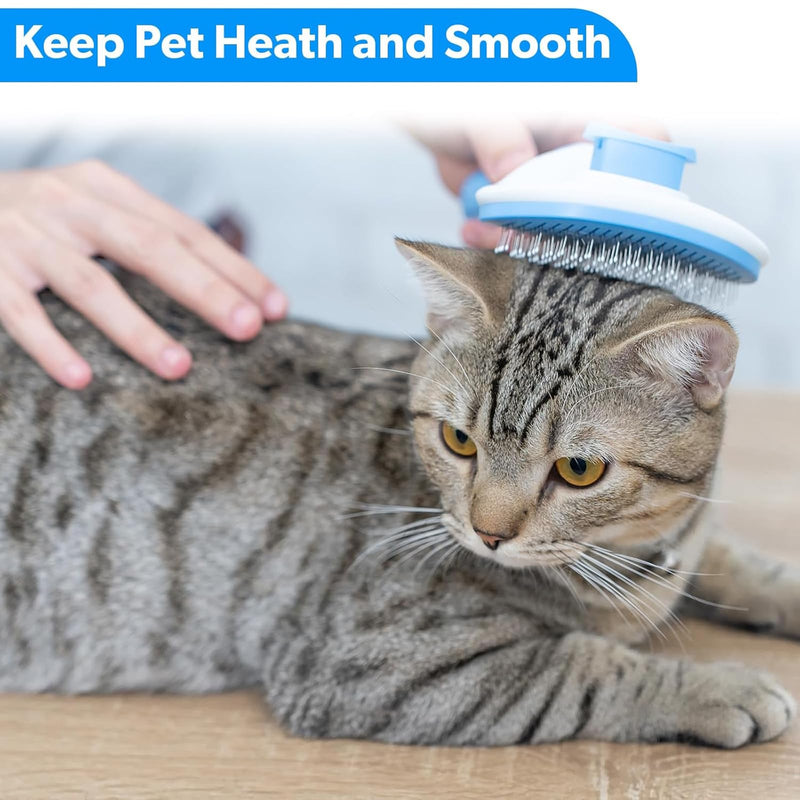 Self Cleaning Pet Slicker Brush, One-Press Release Button Pin Brush for Cats/Rabbits, Long Haired Shedding Grooming Comb, Cat Dander Brushes for Long Hair with Hair Removal Gloves (Blue) Blue - PawsPlanet Australia