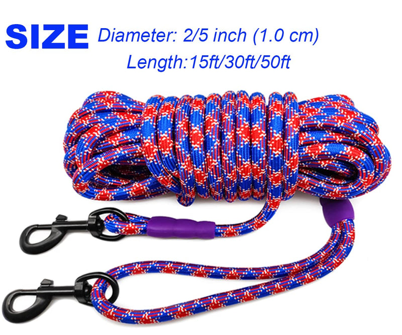 Mycicy 12ft 15ft 22ft 30ft 50ft Tie-Out Long Line Training Rope Leash, Heavy Duty Nylon Recall Lead for Small Medium Large Extra Large Dogs Blue red