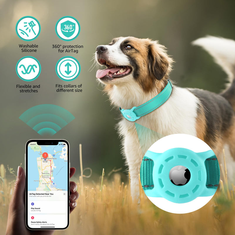 Kuley AirTag Dog Collar and Reflective Leash Set Bundle with Airtag Holder Case,Adjustable Padded Nylon Pet Collar for Small Medium Large Dogs(Teal, Small) Teal