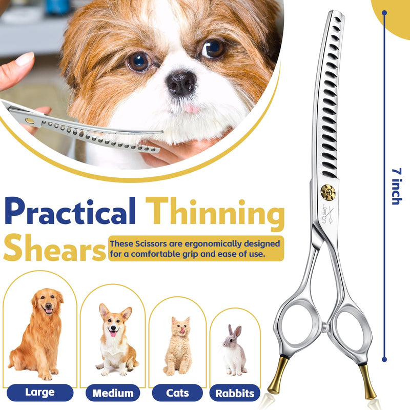 JASON Dog Scissors for Grooming - 7" Up-curved Chunker Shears with 65%-70% Thinning Rate, Professional Japanese 440C Stainless Steel Dog Grooming Chunkers with Adjustable Screw (18 Teeth, Silver) Up-curved Chunkers02 - PawsPlanet Australia