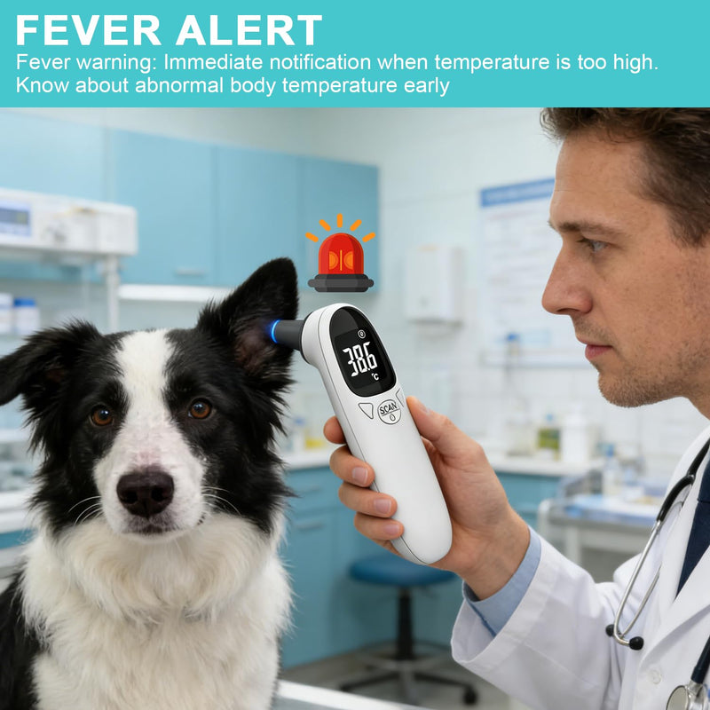 Ear Thermometer Dog, Fever Thermometer Ear Dog with LED Display, Digital Pet Thermometer for Dogs and Cats, 12.8 x 3.9 cm Portable Ear Thermometer for Cats, Dogs, Cows, Ferd (White)