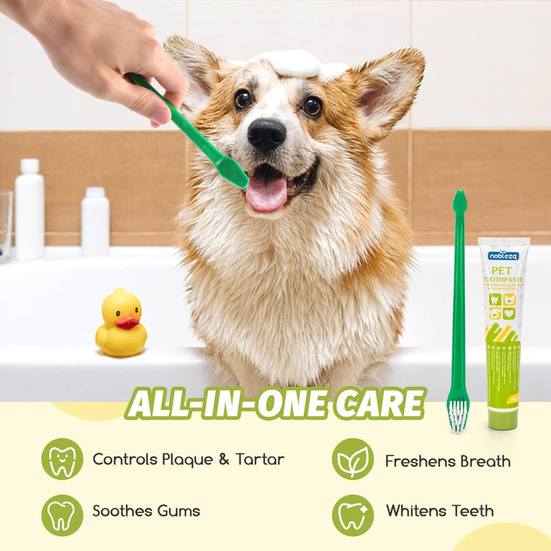 Nobleza 2 Pack Dog Toothbrush and Enzymatic Toothpaste Kit with 2 x Finger Toothbrush for Clean Pet Teeth, Eliminate Bad Breath, Remove Plaque and Tartar, Improve Gums Health and Pet Oral Hygiene Care Green 1 count (Pack of 2)