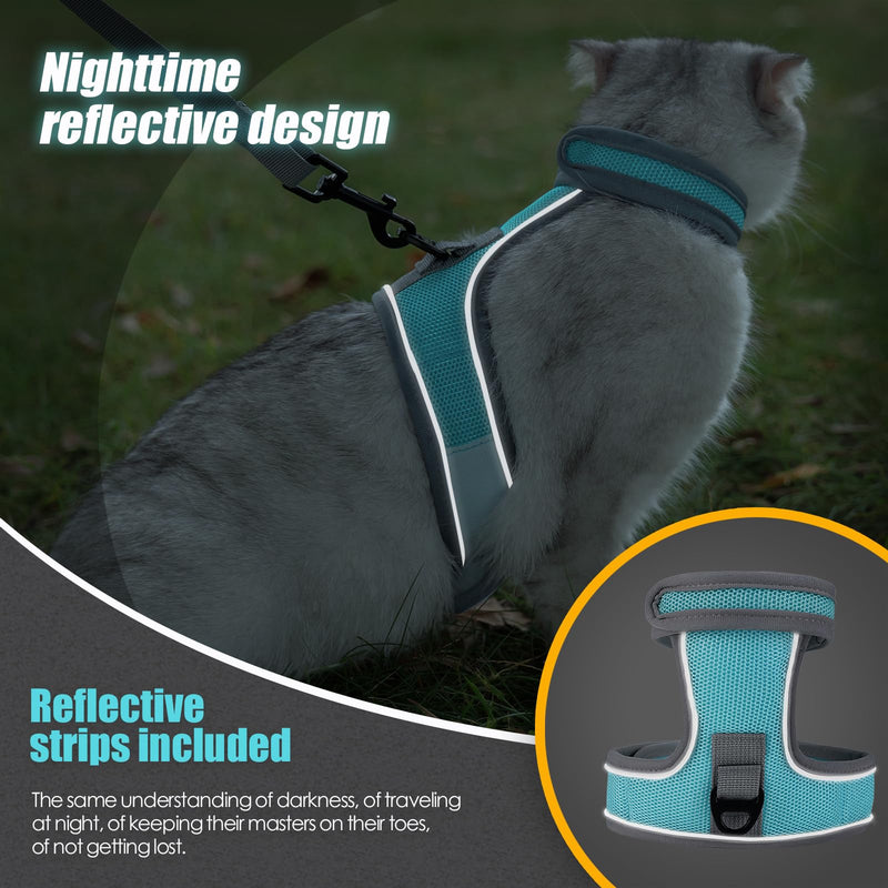 Cat Harness and Leash Set, Escape Proof Adjustable Kittens Vest with Reflective Strip, Easy to Wear for Cats Walking and Traveling, Soft Mesh Kitten Harness for Small Medium Large Cats L Blue - PawsPlanet Australia