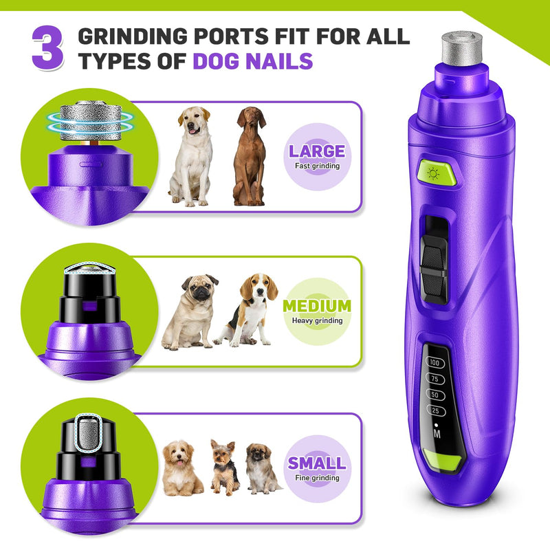 Dog Nail Grinder & Clipper 2-in-1 Set - 25dB Ultra Quiet with 3 Grinding Wheels & 2 LED Lights, Rechargeable for Large/Puppy Dogs & Cats, 3-Speed Adjustable for Anxious Pets Purple - PawsPlanet Australia