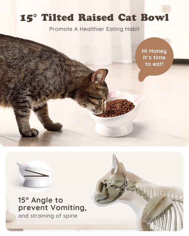 Raised Cat Food Bowl Ceramic 15° Tilted Cat Food Bowls Protect Cat's Spine Anti Vomiting Backflow Prevention Cat Bowls for Adult Cats, Kitten, and Small Dogs, Pink Pink Ears - PawsPlanet Australia