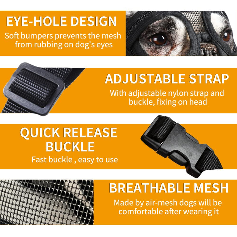 BARKLESS Short Snout Dog Muzzle, Breathable Mesh Flat Faced Muzzle for French Bulldog Shih Tzu and Pug,Mask Bulldog Muzzle for Biting Chewing Licking Black XXS (Head 7.5-12.5'')