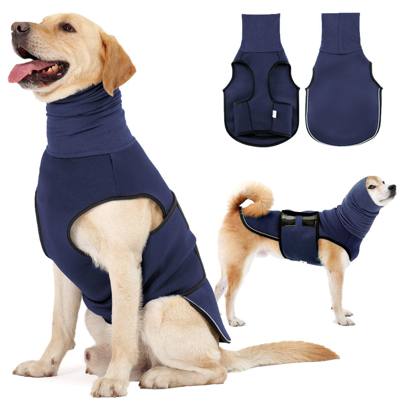 Dotoner Dog Anxiety Relief Coat,2-in-1Calming Anxiety Jacket for Dogs with Soft Ear Muffs Hood for Noise Dog Anxiety Vest with reflective strips Belly Coverage Anti-Anxiety Wrap Relief Stress M Navy blue