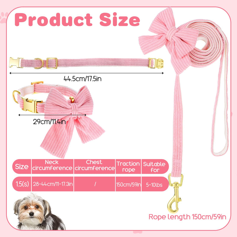 Dog Collar and Leash Set with Bowtie, Pink Cute Girl Dog Collars Bow Metal Buckle Adjustable Corduroy Dogs Collar 10‘’-16‘’for Small Medium Puppy Dogs with 5 FT Leash Pink S - PawsPlanet Australia
