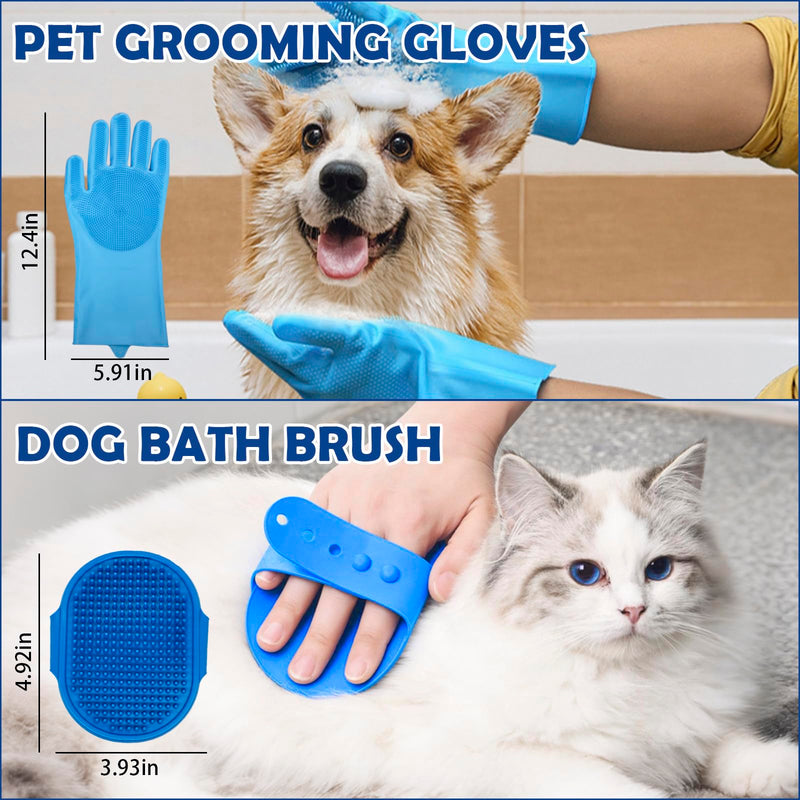 Dog Grooming Brush Set – 5-Piece Kit for Medium & Long-Haired Dogs | Includes Long Pin Brush, Flea Comb, Bath Glove, Silicone Glove, Metal Comb | For Poodles, Huskies & More (Blue) - PawsPlanet Australia