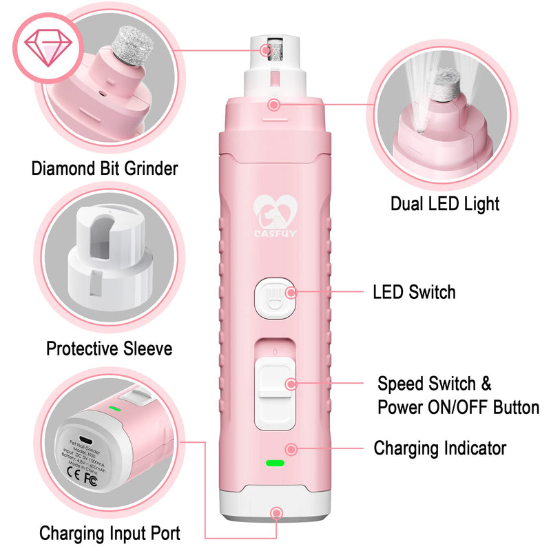 Casfuy Dog Nail Grinder with 2 LED Light for Large Medium Small Dogs - 3X More Powerful 2-Speed Electric Pet Nail Trimmer Rechargeable Quiet Painless Paws Grooming & Smoothing Tool Pink