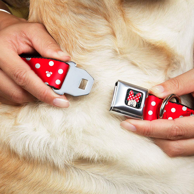 Buckle-Down Seatbelt Buckle Dog Collar - Minnie Mouse Polka Dot/Mini Silhouette Red/White - 1.5" Wide - Fits 13-18" Neck - Small