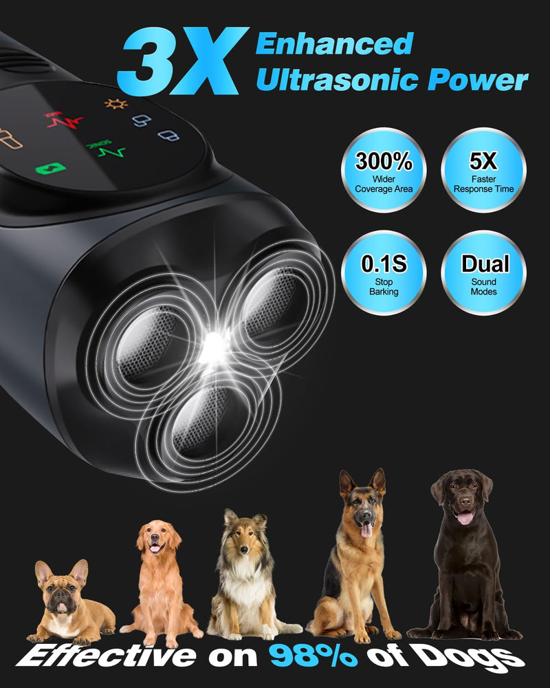 2026 Ultrasonic Dog Bark Deterrent Devices with 3 Emitters & SOS Flashlight, Humane Anti-Bark Trainer, 50FT Range, 90-Day Battery, Multi-Mode Rechargeable Dog Deterrent Black