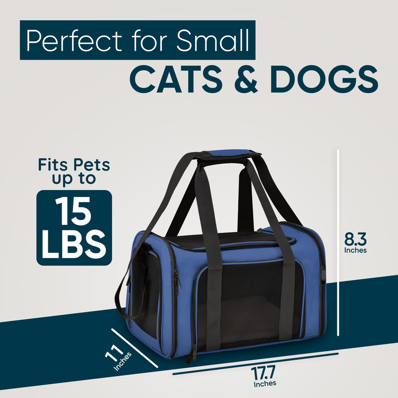 Pet Travel Carrier Bag – Airline Approved Soft-Sided Dog & Cat Carrier, Foldable, Breathable Mesh, Washable Pad – Fits Pets up to 15 lbs – The Pup Quartet (Blue) Blue