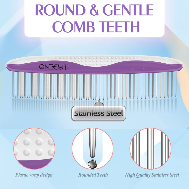 Dog Comb, OneCut Pet Grooming Tool for Removing Tangles Knots and Matted Fur, Wide and Narrow Teeth Comb Design for Dogs and Cats (Purple) Purple