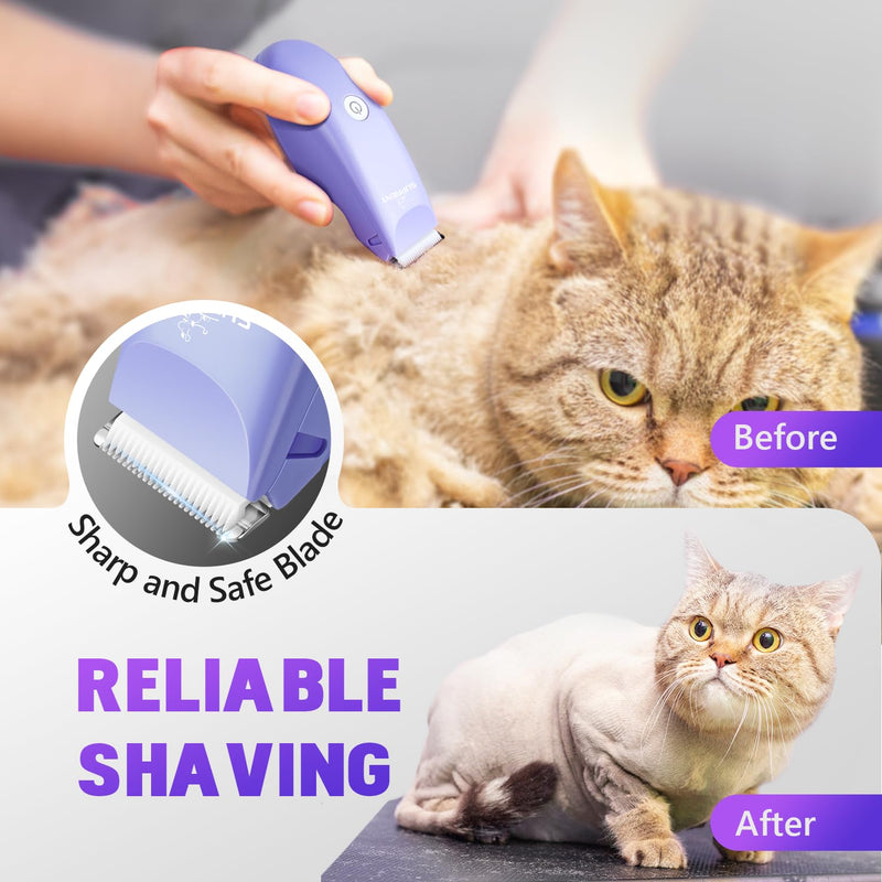 SUPRENT Pet Grooming Clippers for Matted Hair Cat, Low Noise Hair Trimmer Kit for Long Fur, Waterproof Portable USB Rechargeable Professional Pet Grooming Supplies Cordless Shaver for Small Dog Pets Purple - PawsPlanet Australia