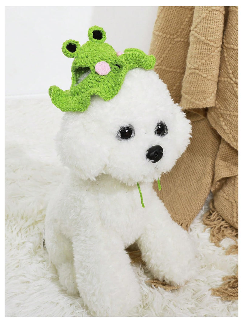 Frog Cartoon Design Knit Cute Dog Hat Soft Cat Hat Halloween Christmas Party Costume Head Wear Accessories for Puppy Cat Kitten Small Dogs Small Animals Green Medium