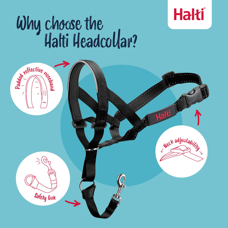 Headcollar Size 3, Black & HALTI Training Leash Size Large, Black Combination Pack - Stop Your Dog Pulling on the Leash. Adjustable, Lightweight with Padded Nose Band. Suitable for Medium Dogs Size 3 Head Collar - PawsPlanet Australia