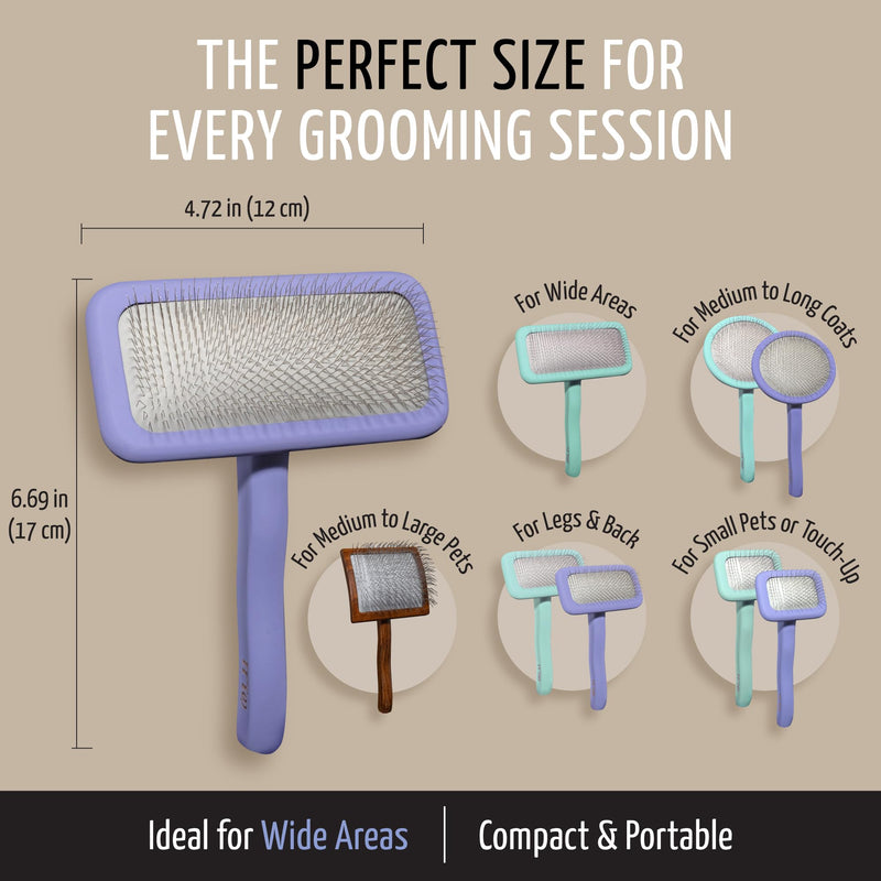 Tauro Pro Line Slicker Brush for Dogs & Cats, Deshedding, Dematting & Detangling Grooming Tool for Medium to Long Coats, Ideal for Retrievers & Maine Coons, Flexible Cushion, Purple, Large Size (L) Rectangular - L