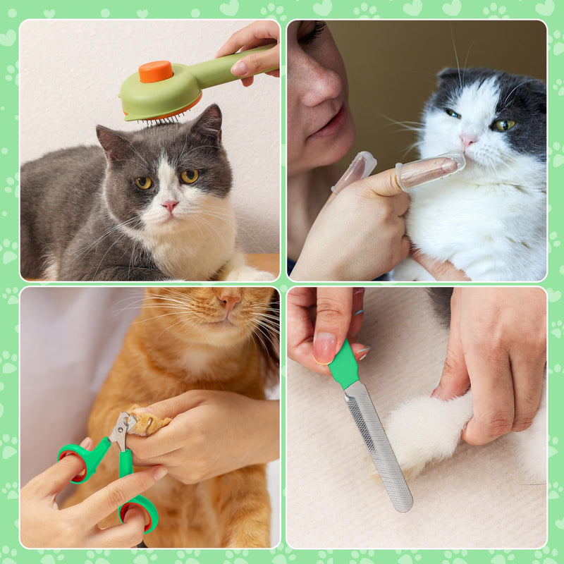 VCZONE 8 Pcs Cat Brush Grooming Kits, Pet Self Cleaning Kit with Pet Nail Clipper and File, Flea Comb, Pet Shampoo Bath Brush, Pet Shedding Brush, Silicone Toothbrush (Green) Green - PawsPlanet Australia