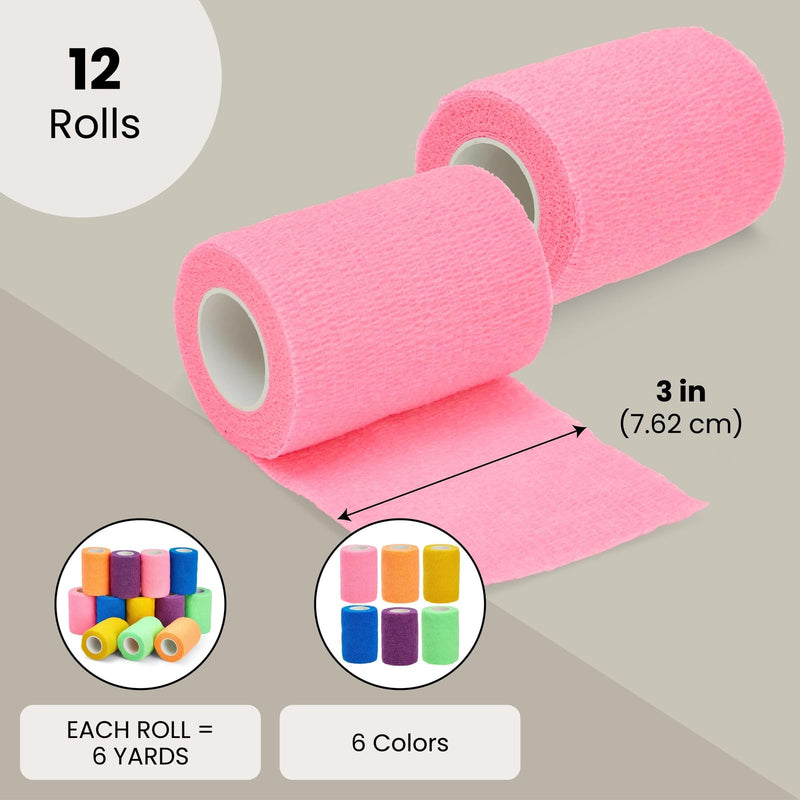 Juvale Self-Adherent Cohesive Bandage Wrap - Joint Support & Vet Wrap for Horses - Versatile First Aid & Pet Bandage - Athletic Compression & Stretch Tape - 3 in x 6 yd, Pack of 12, 6 Colors 3 Inch x 6 Yards - PawsPlanet Australia