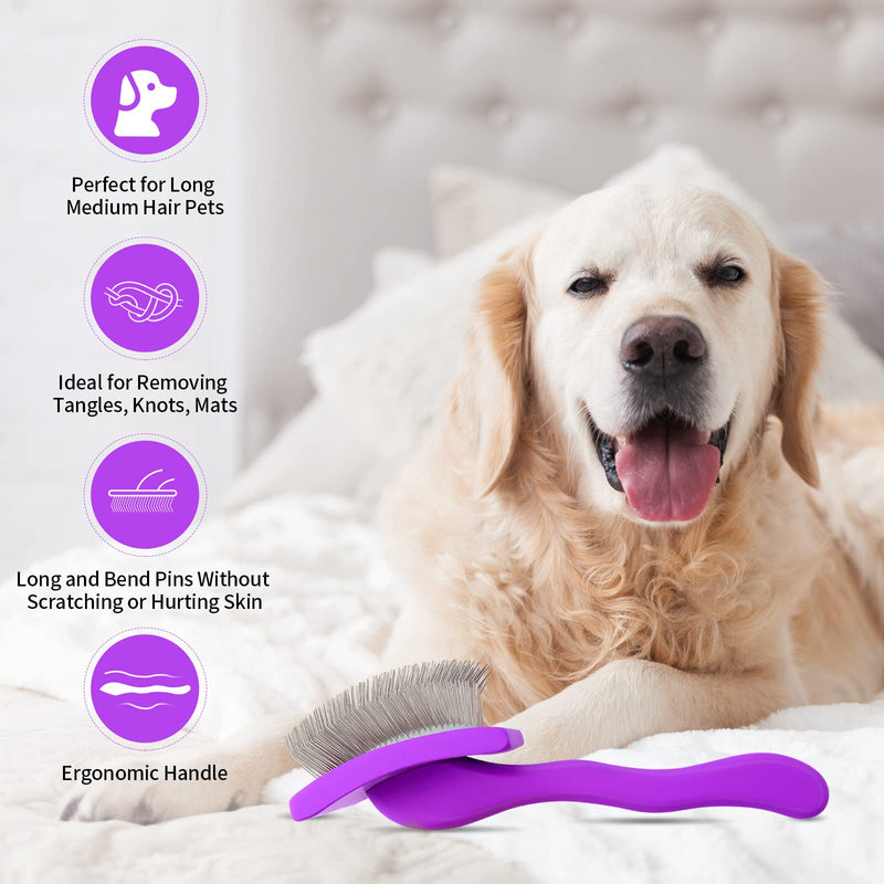 Large Long Pin Slicker Brush for Poodles, Goldendoodles & Long Haired Dogs - 25mm Pins Professional Grooming Tool with Wooden Handle for Thick Curly Coats, Mats & Undercoat - Purple