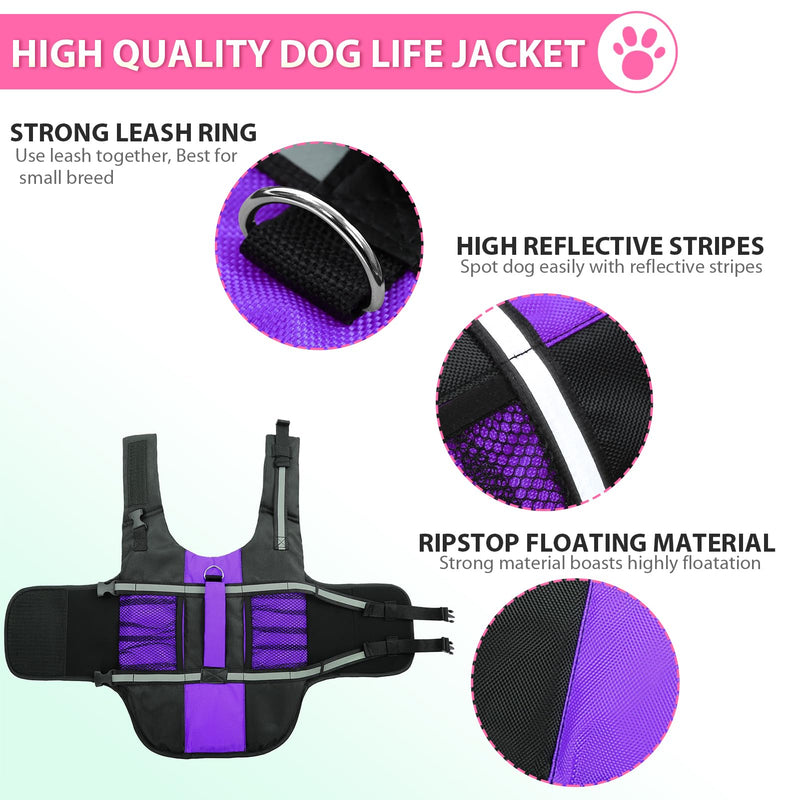 Queenmore Small Dog Life Jacket, Adjustable Pet Life Vest for Small and Medium Dogs with High Buoyancy, Rescue Handle, Reflective Bands for Boating, Canoeing, Swimming Large Purple - PawsPlanet Australia