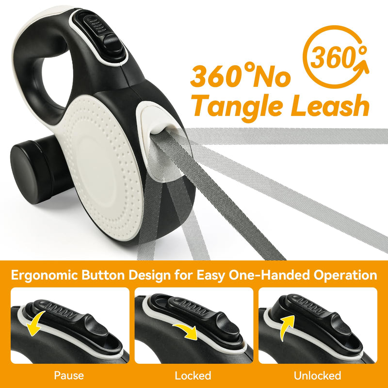 Heavy Duty Retractable Dog Leash for Large Dogs, 26ft with Chew Proof Cable, LED Light, Dispenser, 2 Poop Bags. 360° No Tangle, One Button Brake & Lock, for Dogs Up to 100Lbs. (White, 26ft) White - PawsPlanet Australia