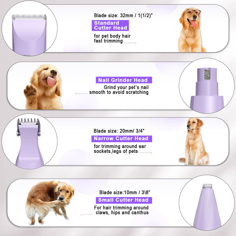 Dog Grooming Clippers Kit-Electric Rechargeable Cat Trimmer Tools-Cordless Quiet Pet Nail Paw Grinder-4 in 1 Multifunctional Low Noise Shaver-Razor for feet Face Ears Toenail Eye Purple - PawsPlanet Australia