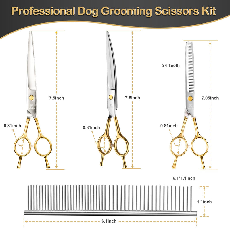 6 in 1 Dog Grooming Scissors Set - Durable Stainless Steel Golden Dog Grooming Shears Curved, Thinning & Straight - Poodle Grooming Kit Dog Groomer Gifts with Safe Tips for Home DIY/Professional Use - PawsPlanet Australia