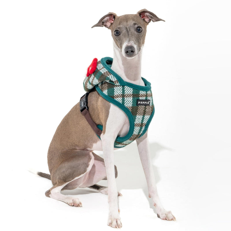 Puppia Festive Hooded Dog Harness Over-The-Head Warm Winter Checkered Pattern Adjustable Chest for Small and Medium Dog, Green, Medium - PawsPlanet Australia