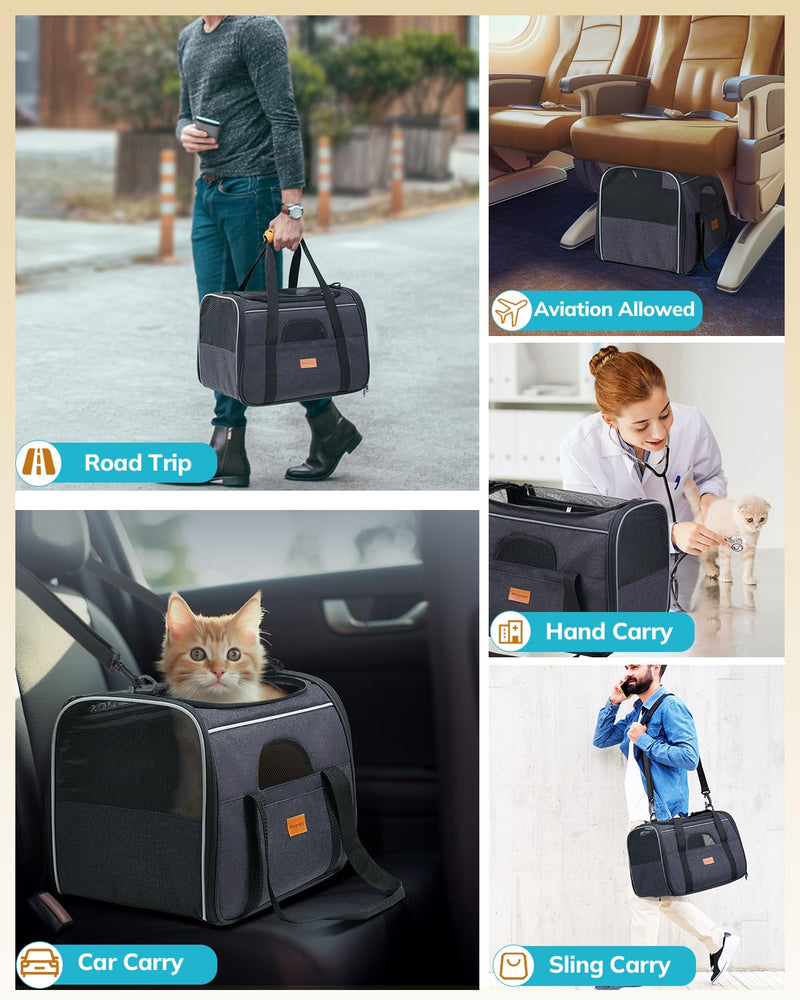 Morpilot Cat Carrier Soft - Portable Pet Carrier for Small or Medium Cats, Dogs and Puppy up to 14lbs, Airline Approved Dog Carrier with Safety Buckle and Foldable Bowl - 17 x 11 x 12 Inch (Dark Gray) 17.2"L x 10.8"W x 11.6"H Gray & Bowl - PawsPlanet Australia