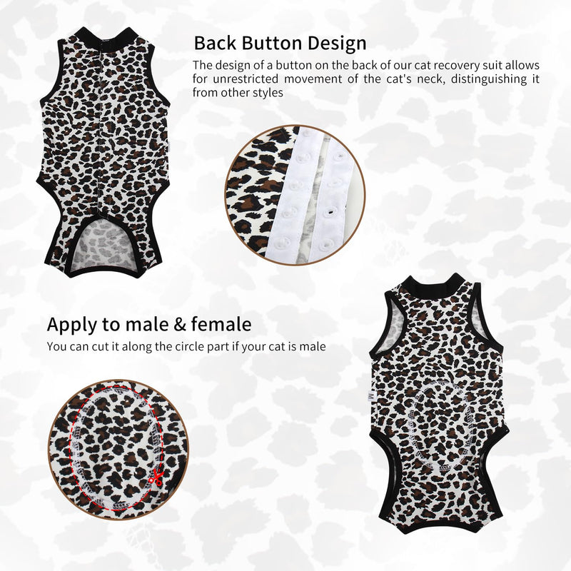 2 Packs Cat Surgery Recovery Suit Surgical Clothes Abdominal Wounds Anti-Licking Cat Bodysuit Onesie Substitute E-Collar& Cone Small Leopard + Pink Love Leopard