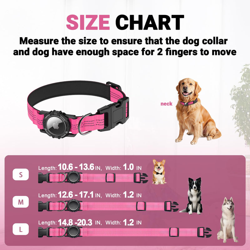 AirTag Dog Collar and Leash, IP68 Waterproof Integrated with Reflective, Ultra-Durable, Comfortable Padded, Heavy Duty Dog Collars for Small Medium Large Dogs, L (14.8"-20.3"), Pink L(14.8"-20.3") Set-Pink - PawsPlanet Australia