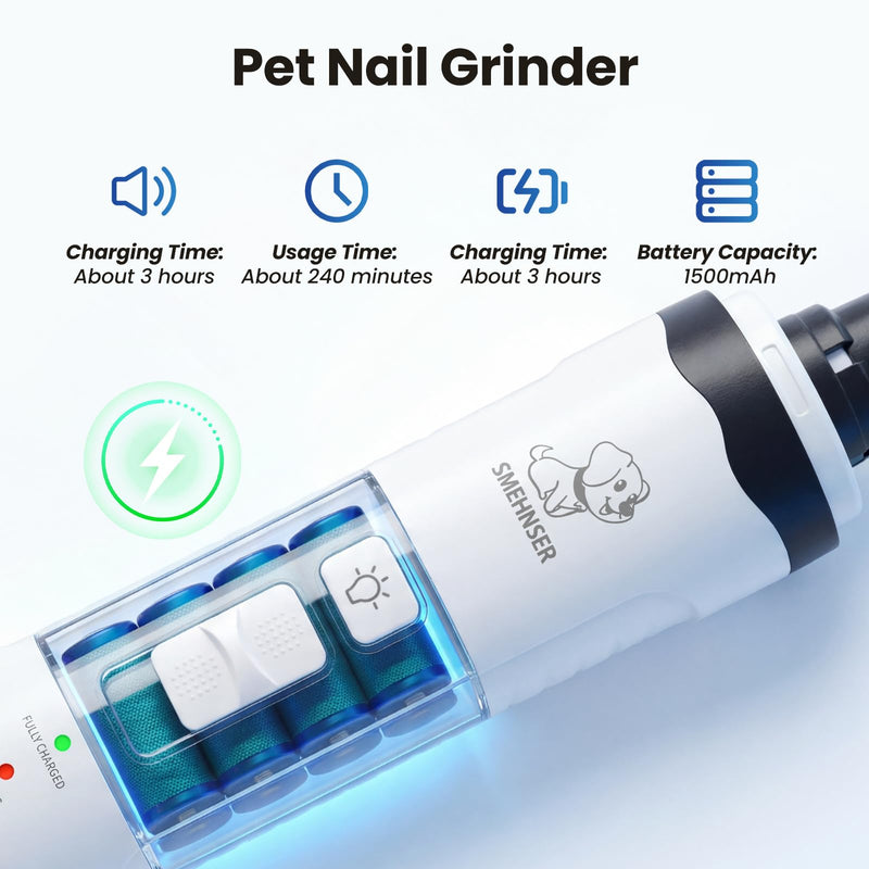 LED Pet Nail Grinder for Dogs and Cats, Rechargeable Electric Trimmer with 2 Grinding Wheels, Low Noise, White - PawsPlanet Australia