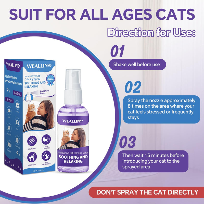 Cats Calming Spray (120ML), Natural Calming Solution for Cats-Cat Facial Pheromone, Reduce Stress, Anxiety, Scratching, Hiding, Suit for Home, Travel, Vet Visits, Protect Furniture, Floors 2PC