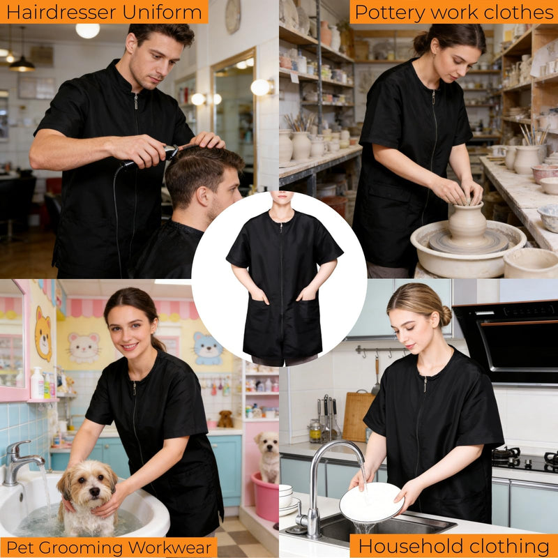 Pumtus Waterproof Pet Grooming Workwear, Short Sleeves Dog Grooming Smock, Hairdresser Uniform with Full Zipper & Pockets, Anti-Static Professional Stylist Jacket for Barber Salon Pet Shop (Medium) M