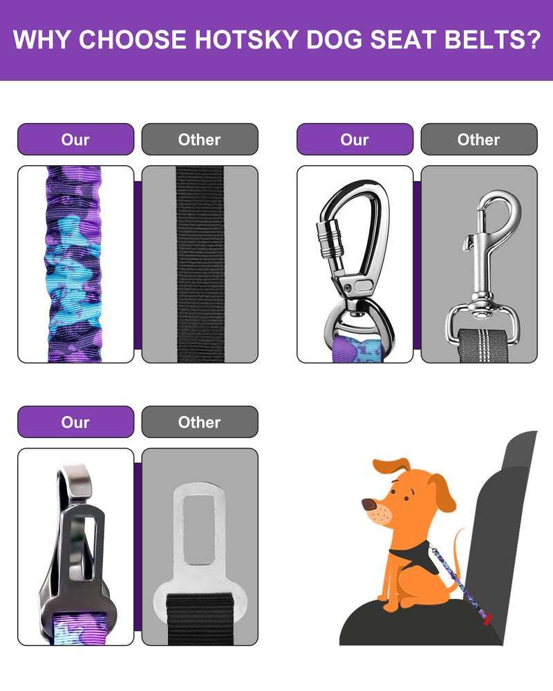 Hotsky Dog Seat Belt Adjustable Safety Seatbelt 3-in-1 Car Harness for Dogs in Car Nylon Elastic Bungee Buffer Tether with Clip Hook Latch Buckle Swivel Zinc Alloy Carabiner Purple Camo