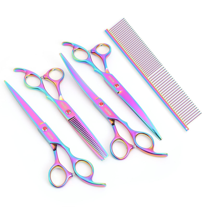 7.0in Titanium Professional Pet Grooming Scissors Set, GEMEK 6 in 1 Straight & Thinning & Upwards Curved & Downwards Curved Scissors & Comb for Dogs, Cats (Rainbow) Rainbow 6 in 1 7inch - PawsPlanet Australia