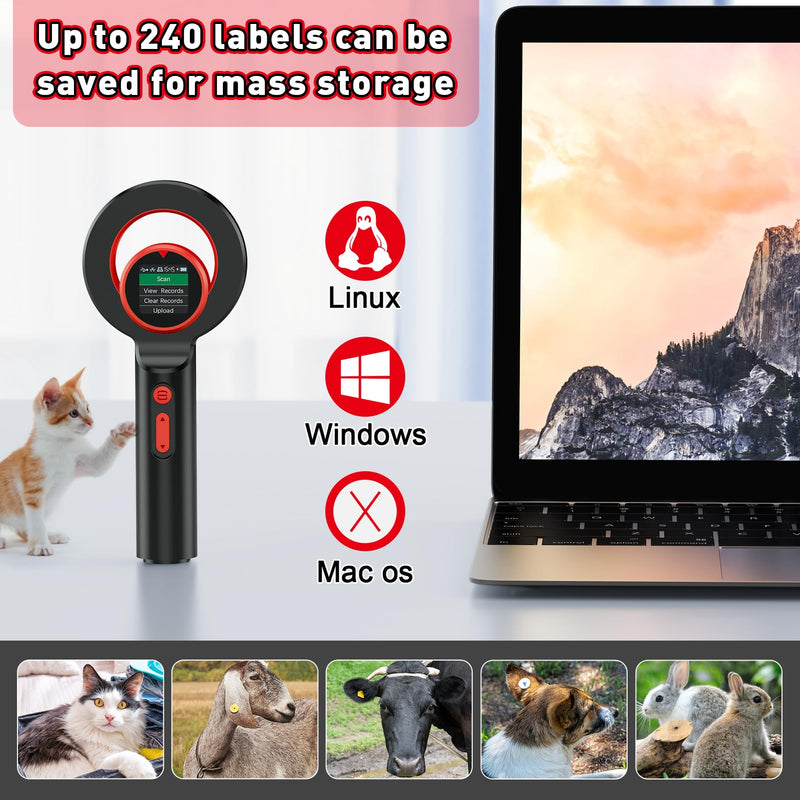 Symcode Pet Microchip Scanner, ISO11784/85/FDX-B/EMID (2.4GHz Wireless+Bluetooth+USB) All in one 1.44” TFT Screen Display 240 Data Storage Upload to PC Microchip Scanner Reader for Dog/Pet/Cat/Animal 2D - PawsPlanet Australia