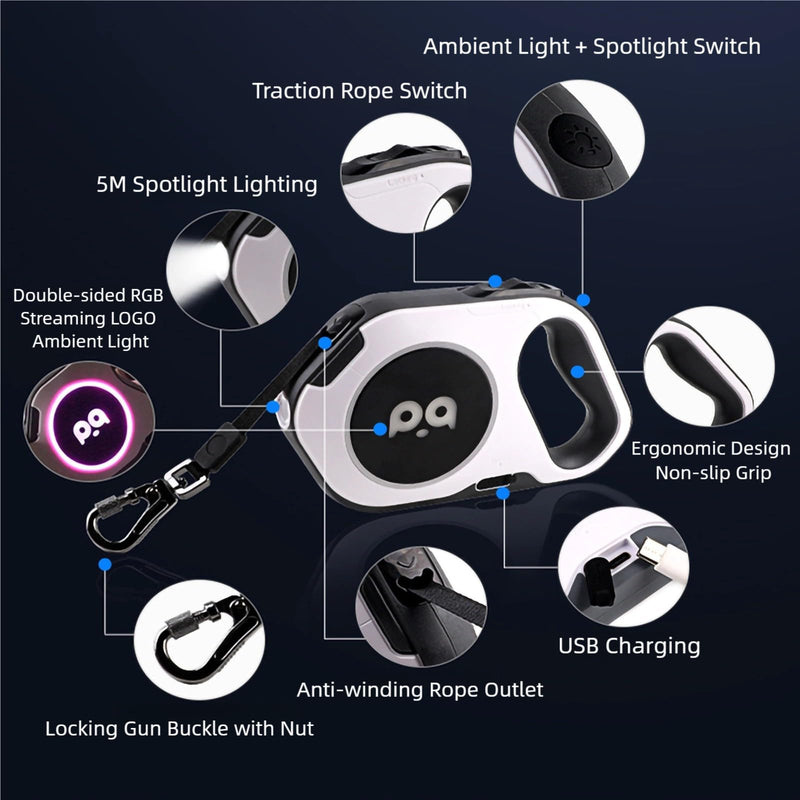 Retractable Dog Leash with Light, Pet Lead, 12-Color Ambient Lighting, Retractable Pet Lead with 360° Anti-Tangle Feature, 5-Meter Length Weighing Up to 40 kg (Blue, 2.0) Blue