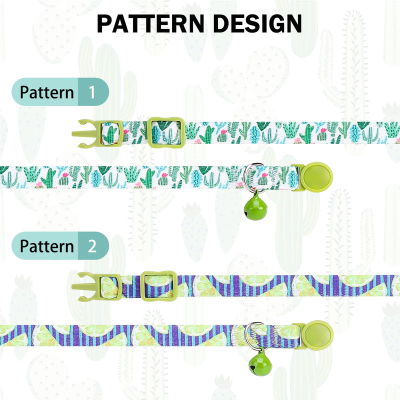 Breakaway Cat Collars for Girl Boy Cats, Spring Summer All Weather Cat Collar Personalized Pattern 2 Pack,Cute Classic Safety Buckles and Bells,Adjustable Printed Nylon Colorful Kitten Collar Cactus Jungle - PawsPlanet Australia