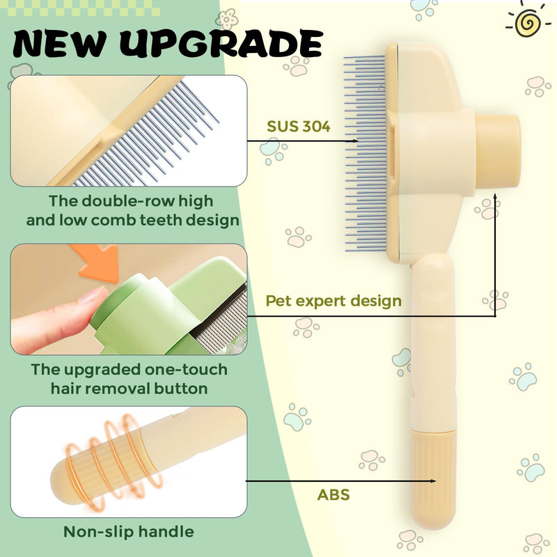 2PCS Pet Comb for Dogs & Cats Pet Hair Removal Comb with Long & Short Stainless Steel Metal Teeth for Shedding and Tangles Self-Cleaning Cat Grooming Brush with Release Button (2PCS set) 2PCS set
