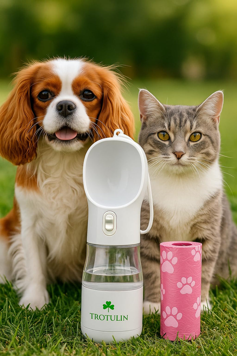 3-in-1 Portable Pet Water Bottle, Food Container & Waste Bag Dispenser – Leak-Proof Travel Feeder for Dogs & Cats by TROTULIN - PawsPlanet Australia
