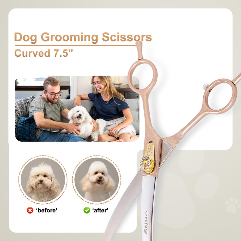 Professional Dog Grooming Scissors Rose Gold 440C Stainless Steel Straight Thinning Curved Chunker Shears for Pet Grooming Services Dogs and Cats (Curved, 7.5‘’) 7.5‘’ - PawsPlanet Australia